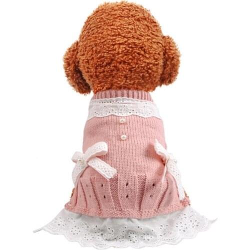 Pets Clothing Winter Warm Pet Dog Princess Lace Bow Faux Pearl Knitted Dress Costume Clothes Одежда для собак