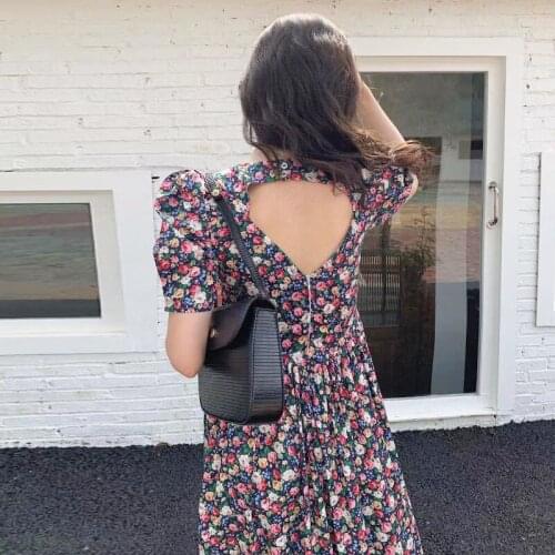 Korobov Korean Chic Summer Women Dress Vintage Print Square Collar Flower Print Dresses 2021 New OL Elegant Backless Vestidos