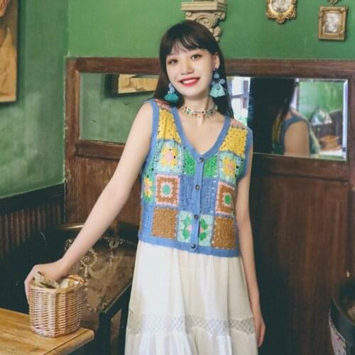 Bohemian Boho Beach Crochet Vest Women Sleeveless Waistcoat Summer Knit Vests Crop Top Floral Embroidery Vintage Chaleco Mujer