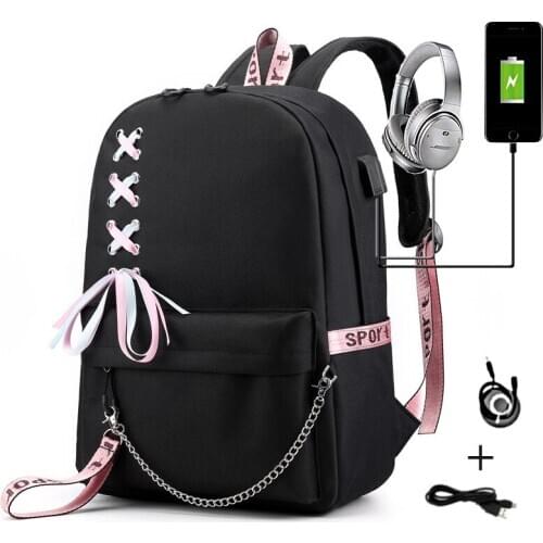 Casual Women&Men Backpack Large Capacity Student School Bags For Teenager USB Charging Laptop Travel Mochila With Ribbon