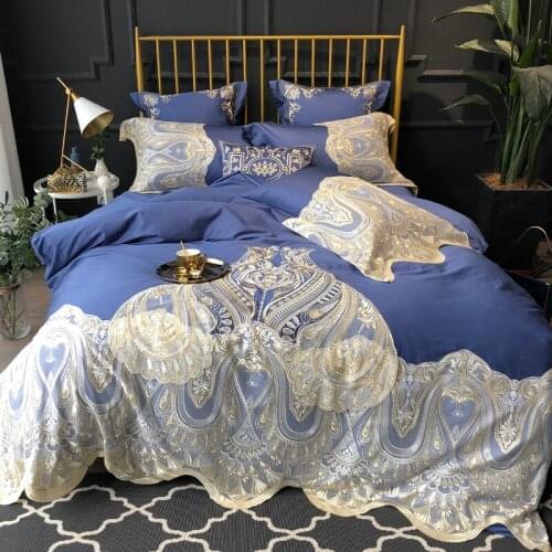 Luxury Blue 4/6pcs Egyptian cotton Embroidered Bedding set Queen King Europe Noble Lace Edge Duvet cover Bed sheet set Pillowcas