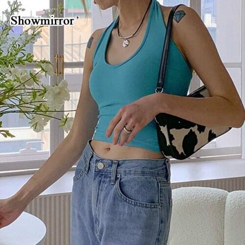 Showmirror Cotton Lace Up Halter Crop Top Women Sporty Vest 2021 y2k Tops Female clothing Outfits Bandage Tops Party Club Tees