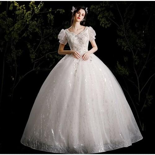 Puff Sleeve Light Wedding Dresses Classic V-neck Wedding Gown Luxury Sequins Ball Gown Princess Plus Size Dresses