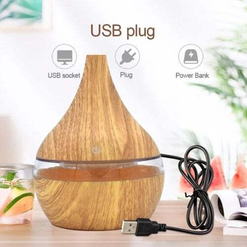 300ml USB Wood Grain Air Humidifier 7 LED Night Light Essential Oil Diffuser 95AC