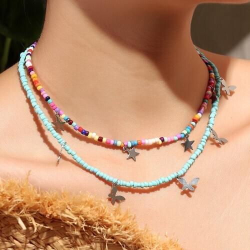 Handmade Jewelry Seed Beads Strand Necklace Women Bohemian Trendy Star Butterfly Charms String Beaded Jewelry Choker Necklaces
