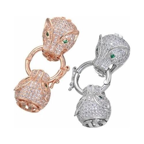 38mm*14mm micro pave zircon double Leopard Head Charm Jewelry Connectors Clasps Fit For DIY Gem stone Pearls Necklace Bracelets