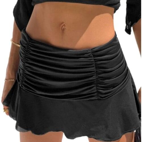 Women Summer Vintage Pleated Ruched High Waist A-Line Mini Skirt Ruffles Hem Solid Color Casual Slim Stretch Streetwear U90E