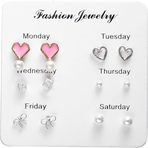 2019 Week Stud Earrings Fashion Crystal Heart Stud Earrings For Women 6 Pairs/set Mini Brincos Wedding Bride Earrings Set