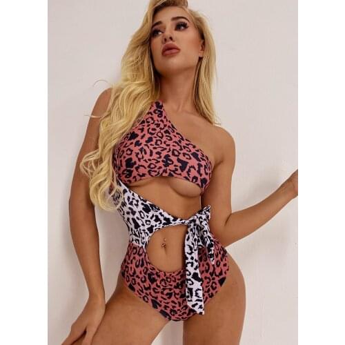 Female One-Piece Swimwear Leopard Print One Shoulder Hollow Out Sleeveless Bathing Suit for Summer Beach Wear