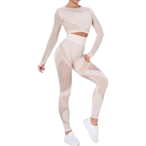 Ladies Comfortable Solid Color Sports Outfit Seamless Two Piece Striped Hollow Out Women Long Sleeve Tops Leggings Set Tracksuit