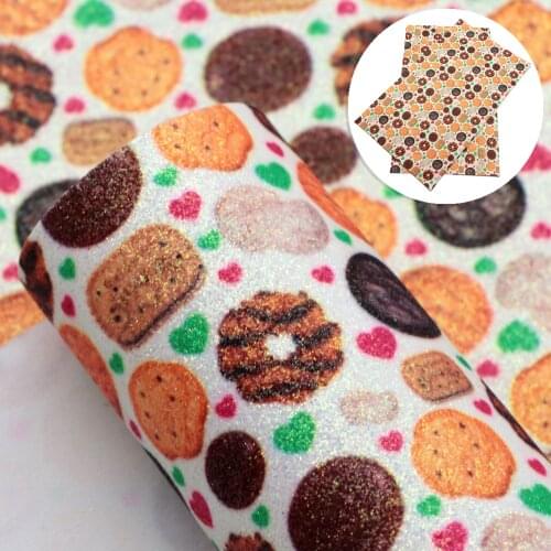 David accessories 20*33cm Fine Glitter Cookies Flowers Printed Faux Synthetic Leather Sheet DIY Handmade Materials,1Yc14182