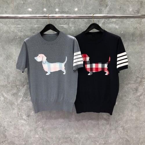 2021 New Fashion TB THOM Brand T-Shirt Men Slim Short Sleeve Casual Clothing Puppy Pattern Striped Summer O-neck Cotton Shirts