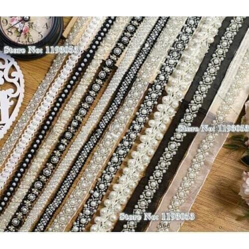 3Yard/Lot Hand sewn pearls with gauze beaded lace trim garment accessories DIY collar lace fabric decorative