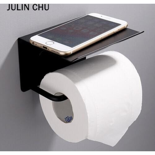 304 Stainless Steel WC Paper Roll Holder with Shelf Black Kitchen Bathroom Toilet Paper Towel Rack Phone Shelves Tissue Hanging