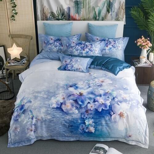 Luxury blue 100S Egyptian cotton digital printing Bedding sets Queen King flower Duvet cover Bed sheet set Pillowcases 4pcs