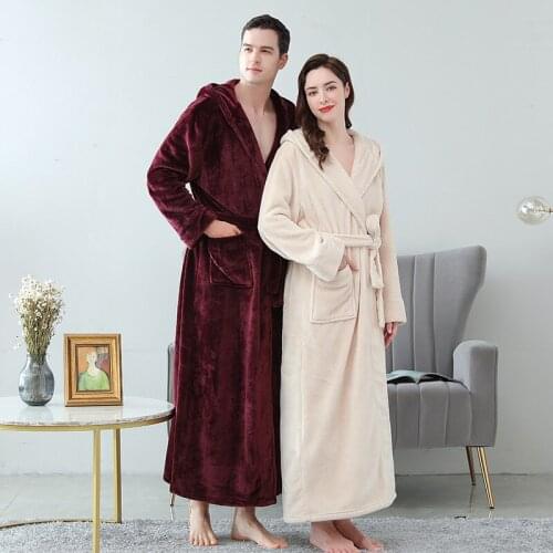 BALDAUREN Autumn Winter Flannel Hooded Bath Robes Mens Towel Robe Couple Warm Bathrobe Thicken Lengthen Coral Fleece Kimono