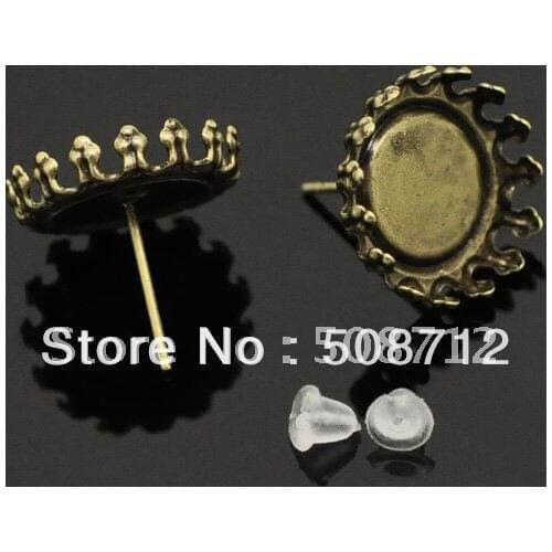 Free shipping!!! 16mm Bronze crown Cabochon Settings Earring studs with stoppers set,earring post,earrings blank