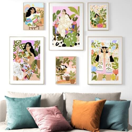 Colorful Fashion Girl Flower Leaf Boho Abstract Wall Art Print Canvas Painting Nordic Poster Wall Pictures For Living Room Decor