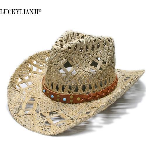 LUCKYLIANJI Womens Mens Unisex Straw Color Wide Brim Sun Beach Western Cowgirl Cowboy Hat Turquoise Braid Leather Band (58cm)