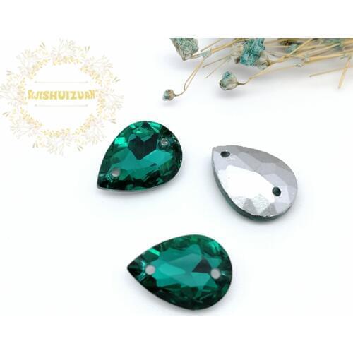 Malachite green Water Drop Double Hole Crystal Glass Sewing Rhinestones Pointback Diy Wedding Dress and shoes 10*14 13*18