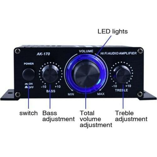 AK170 12V Mini Audio Power Amplifier Digital Audio Receiver AMP Dual Channel 20W+20W Bass Treble Volume Control For Car Home USE