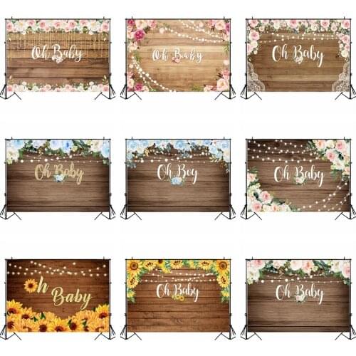 MOCSICKA Oh Baby Baby Shower Backdrop Flower Sunflower Light Newborn Boy Girl Wood Board Birthday Photo Background Decor Studio