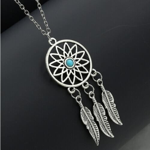Fashion Retro Antique Silver Plated Dream Catcher Feather Pendant Necklace Chain Korea Jewelry Making Craft Jewelry DIY