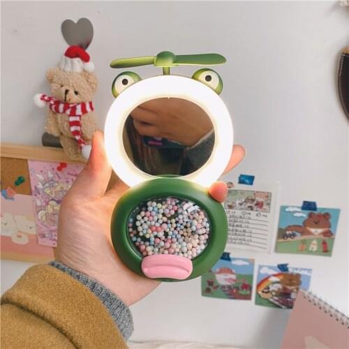 Cartoon 5 Colors Portable Makeup Girl Mirror with LED Light Cartoon Folding Fan USB Charging Natural Bright Adjustable For Girls