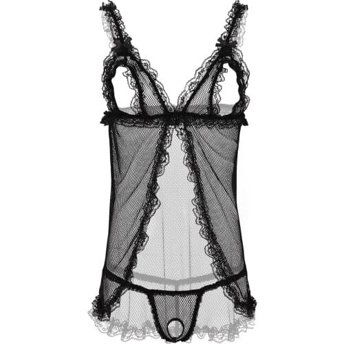 Mens Sissy Crossdresser See Through Sheer Fishnet Lace Lingerie Set Elastic Shoulder Straps Open Cups Tops with G-string Briefs