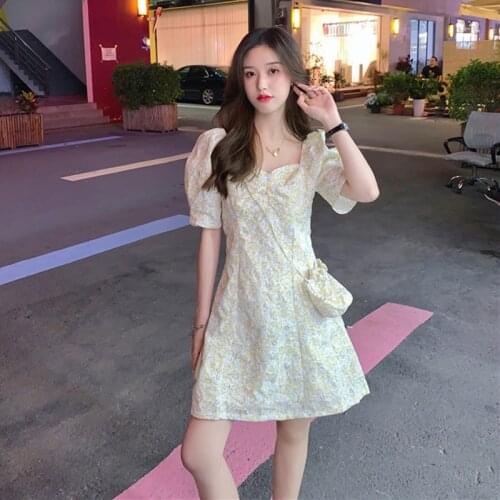 Summer New Gentle Style Dress Womens Square Collar Puff Sleeve Floral Print Midi Dresses 2021 French Fairy Mini Dress Free Bag