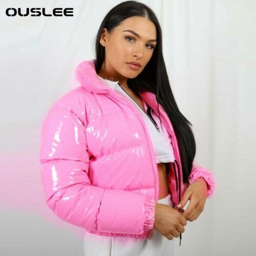 OUSLEE Women Bright PU Pink Puffer Jacket Winter Warm Bubble Coats Shiny Leather Parkas Down Zipper Cropped Jackets Parkas