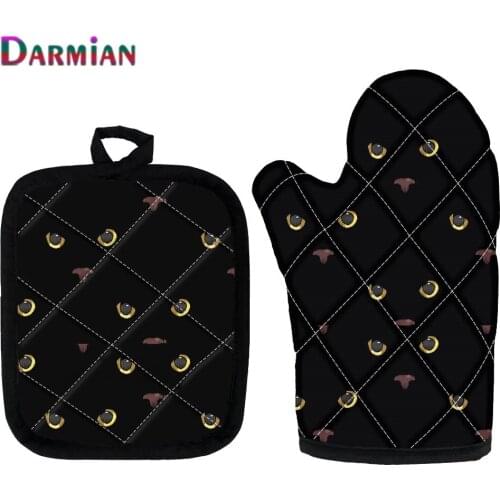 DARMIAN Kitchen Cooking Baking Gloves Cool Black Cat Yellow Eyes Pattern Microwave Oven Gloves and Heat Resistant Pad 2Pcs Set
