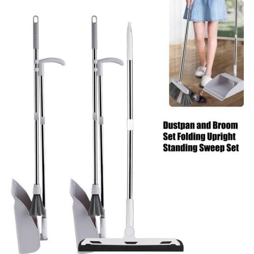 Folding Upright Broom Dustpan Set With 180degree Rotary Wiper Standing Household Floor Cleaning Sweep Tool