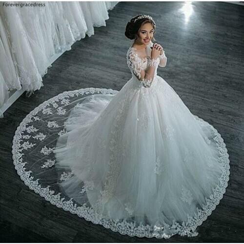 Vintage White Wedding Dress Puffy Ball Gown Sheer Beaded Lace Long Sleeves Dream Princess Bridal Gown