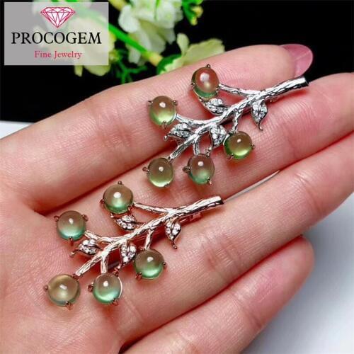 Natural Prehnite Branch Brooches pins for Women Anniversary party Genuine gemstones fine Jewelry 925 Sterling Silver #342