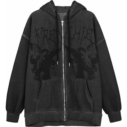 Women hip-hop Streetwear Printed Women Hoodies Zipped Jacket Coat Y2K E-girl Harajuku Autumn Winter Womens Sweatshirt