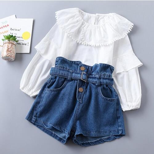 2019 New Spring Autumn Fashion Girl Clothing Set Two Piece Set Top And Pants Pleated Solid Color Shirt + Jeans