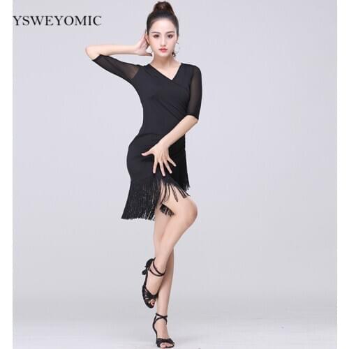 Women Latin Dance Dress Dance Costume V neck Tassels Practise Latin Salsa Dance Skirt Black Latin Chacha Dance Dress On Sale
