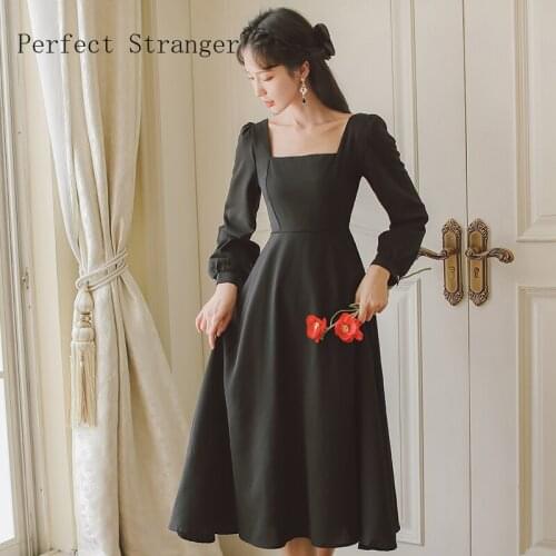 2021 Autumn New Arrival High Quality Retro Long Sleeve Square Collar Collect Waist Women Long Dress