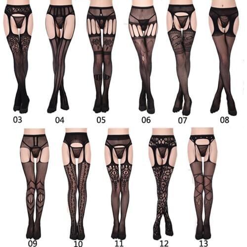 Womens Sexy Solid Striped Elastic High Waist Transparent Stockings Lingerie Garter Fishnet Pantyhose Open Crotch Tights