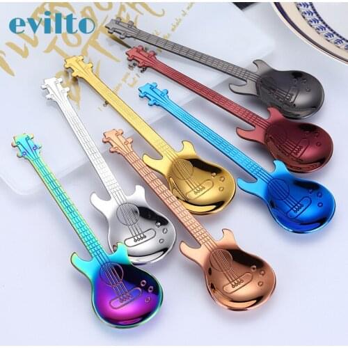 1pcs Multicolor Creative Guitar Shaped Spoon Stainless Steel Teaspoon Coffee Tea Ice Spoon Flatware Drinking Tools Tableware