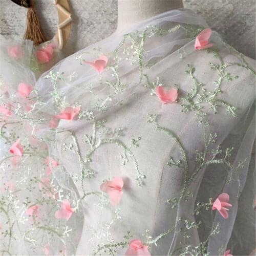 1 Yard 3d Chiffon floral Lace fabric Hand Applique Tulle Fabric Embroidered Flower Dress DIY Wedding Dress Fabric 130cm Width