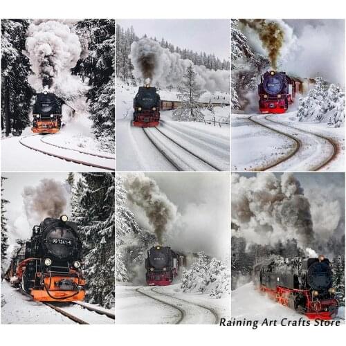 5D Diamond Painting Winter Train Track Landscape Full Square Round Drill Embroidery Picture of Rhinestones Wall Art Needlework