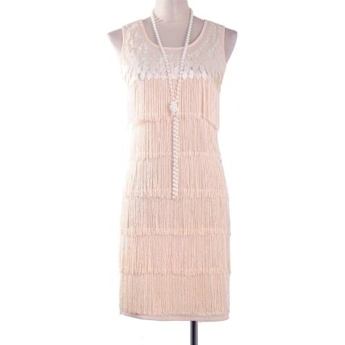 Beige1920s Great Gatsby Sequin Dress Tiered Fringed Flapper Dress 20s Charleston Party Fancy Dress Costumes Sexy Tassel Dresses