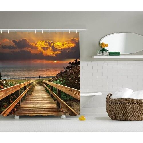 Retirement Fishing Decorations Tropical Sea Life Seascape Fisherman at Bali Bay Sunset Ocean Beach Scene Bathroom Decor Curtains