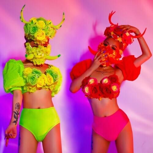 Birthday Rave Party Outfits For Women Flower Bra Fluor Green Bikini ValentineS Day Nightclub Dj Gogo Show Stage Costume BL4462