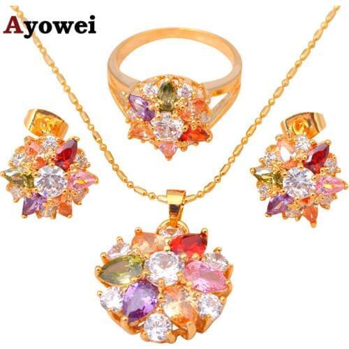 Colorful Necklace Earrings Rings sets Wedding gifts Gold color Color Crystal AAA Zirconia Fashion Jewelry Sets JS051