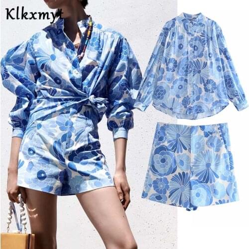 Klkxmyt Za 2021 2Pcs Set Women Summer Long Sleeve O-Neck Single Breasted Tops+Shorts Fashion Female Floral Print Casual Sets