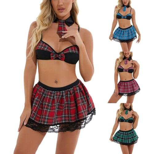 Women Sexy 4pcs Lingerie Set Spaghetti Strap Bra T-shaped Panties Plaid Printed Pattern Tie and Skirt Temptation Slutty Cosplay