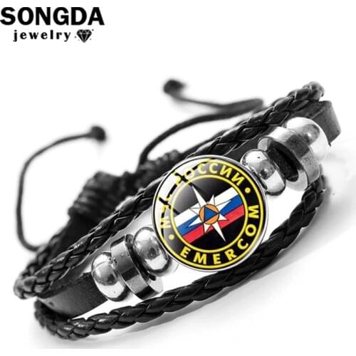 SONGDA МЧС РОССИИ EMERCOM Design Charm Bracelet For Women Glass Dome Pendant Black Leather Bracelet Men Wristbands Jewelry Gift